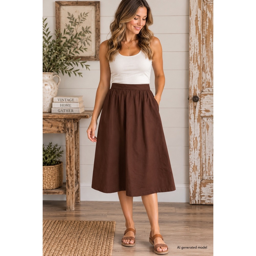 Vintage Brown High Waisted Pleated Midi Skirt with Pockets Chocolate Size 4